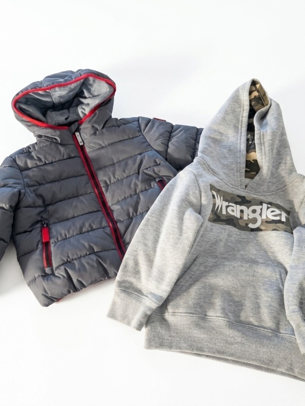 Wrangler Grey Camo Logo Kids Hoodie with Gray Puffer Jacket
